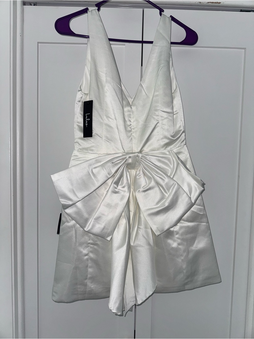 Lulu's Ivory Satin V-Neck Mini Dress with Oversized Bow